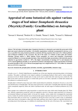 Appraisal of Some Botanical Oils Against Various Stages of Leaf Miner Stomphastis Thraustica (Meyrick) (Family: Gracillariidae) on Jatropha Plant