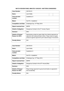 Match Review Panel Minutes 13/05/2019 - Matters Considered