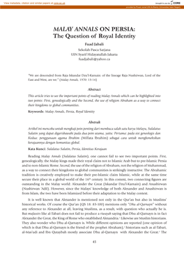 MALAY ANNALS on PERSIA: the Question of Royal Identity Fuad Jabali Sekolah Pasca Sarjana UIN Syarif Hidayatullah Jakarta Fuadjabali@Yahoo.Ca