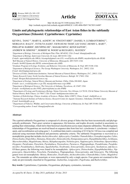 Limits and Phylogenetic Relationships of East Asian Fishes in the Subfamily Oxygastrinae (Teleostei: Cypriniformes: Cyprinidae)