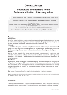 Facilitators and Barriers to the Professionalization of Nursing in Iran