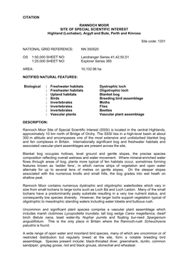 RANNOCH MOOR SITE of SPECIAL SCIENTIFIC INTEREST Highland (Lochaber), Argyll and Bute, Perth and Kinross