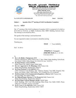 Subject : Agenda of the 11Th Meeting of Grid Coordination Committee