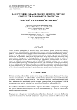 Radionuclides in Bayer Process Residues: Previous Analysis for Radiological Protection