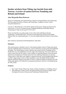 Insular Artefacts from Viking-Age Burials from Mid- Norway. a Review of Contact Between Trøndelag and Britain and Ireland