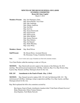 MINUTES of the HOUSE BUSINESS and LABOR STANDING COMMITTEE Room 445, State Capitol March 3, 2014