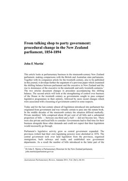 Procedural Change in the New Zealand Parliament, 1854-1894