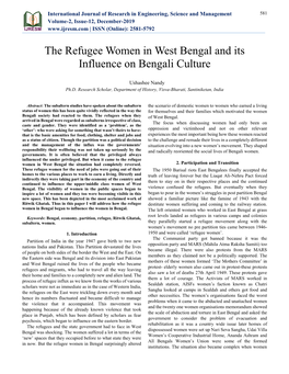 The Refugee Women in West Bengal and Its Influence on Bengali Culture