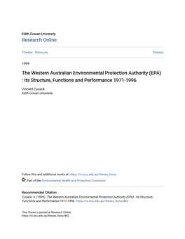 The Western Australian Environmental Protection Authority (EPA) : Its Structure, Functions and Performance 1971-1996