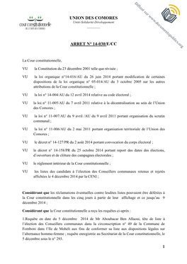 Union Des Comores Arret N° 14-030/E/Cc
