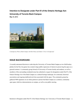 Intention to Designate Under Part IV of the Ontario Heritage Act: University of Toronto Back Campus May 14, 2013