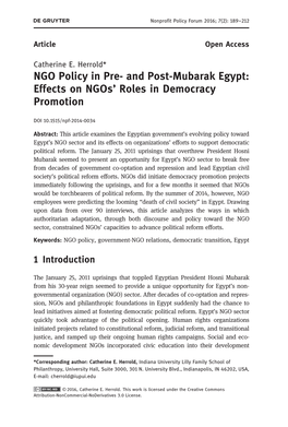 NGO Policy in Pre-And Post-Mubarak Egypt: Effects on Ngos' Roles In