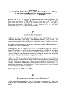 Verordnung Über Das Landschaftsschutzgebiet „Hube, Greener Wald Und Luhberg“ in Der Stadt Einbeck Und in Der Gemeinde Kreiensen Im Landkreis Northeim Vom 24.09.2010