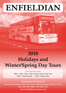 2018 Holidays and Winter/Spring Day Tours