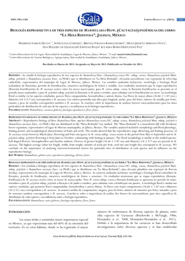 Biología Reproductiva De Tres Especies De Mammillaria Haw. (Cactaceae) Endémicas Del Cerro ﬁla Mesa Redondaﬂ, Jalisco, Mé