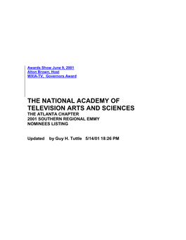 The National Academy of Television Arts and Sciences the Atlanta Chapter 2001 Southern Regional Emmy Nominees Listing