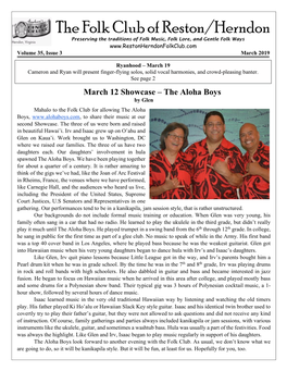 March 12 Showcase – the Aloha Boys by Glen Mahalo to the Folk Club for Allowing the Aloha Boys, to Share Their Music at Our Second Showcase