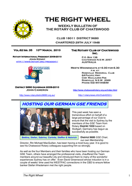 The Right Wheel Weekly Bulletin of the Rotary Club of Chatswood