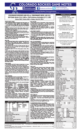 Colorado Rockies Game Notes