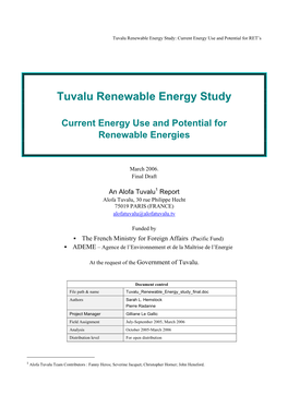Tuvalu Renewable Energy Study: Current Energy Use and Potential for RET’S