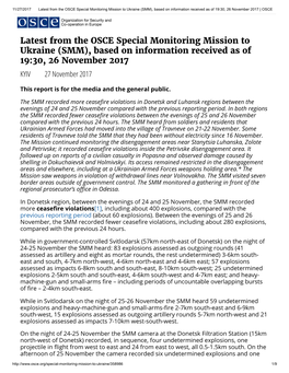 Latest from the OSCE Special Monitoring Mission to Ukraine (SMM), Based on Information Received As of 19:30, 26 November 2017 | OSCE