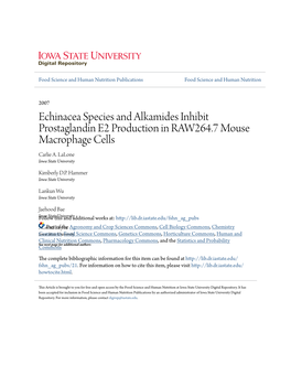 Echinacea Species and Alkamides Inhibit Prostaglandin E2 Production in RAW264.7 Mouse Macrophage Cells Carlie A
