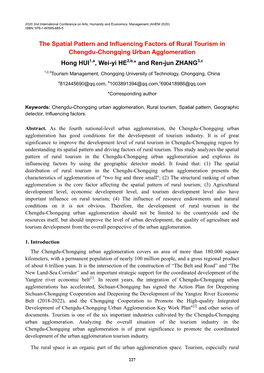 The Spatial Pattern and Influencing Factors of Rural Tourism in Chengdu-Chongqing Urban Agglomeration Hong HUI , Wei-Yi HE *