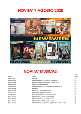 Novita' 7 Agosto 2020 Novita' Musicali