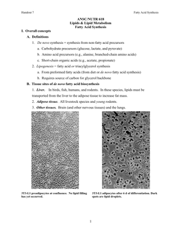 Handout 7 Fatty Acid Synthesis ANSC/NUTR 618 Lipids & Lipid Metabolism Fatty Acid Synthesis I