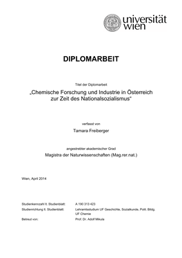Chemische Forschung Und Industrie in Österreich Zur Zeit Des Nationalsozialismus“