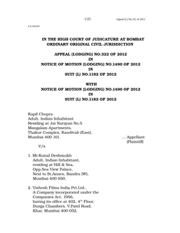 (Lodging) No.322 of 2012 in Notice of Motion (Lodging) No.1490 of 2012 in Suit (L) No.1182 of 2012