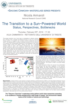 The Transition to a Sun-Powered World Status, Perspectives, Bottlenecks