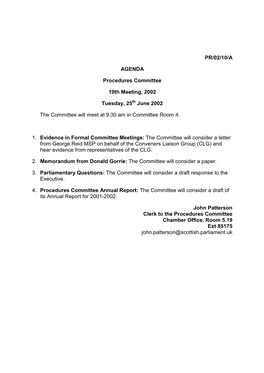PR/02/10/A AGENDA Procedures Committee 10Th Meeting, 2002
