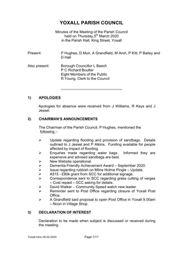 Minutes of the Meeting of the Parish Council Held on Thursday,5Th March 2020 in the Parish Hall, King Street, Yoxall