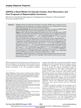 ASPM Is a Novel Marker Forvascular Invasion, Early Recurrence, And