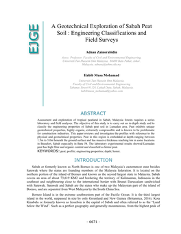 A Geotechnical Exploration of Sabah Peat Soil : Engineering Classifications and Field Surveys