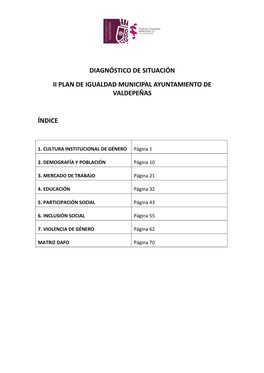 Diagnóstico De Situación Ii Plan De Igualdad Municipal Ayuntamiento De Valdepeñas Índice