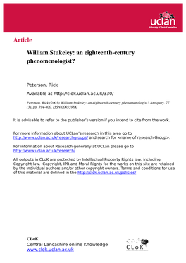 William Stukeley: an Eighteenth­Century Phenomenologist?