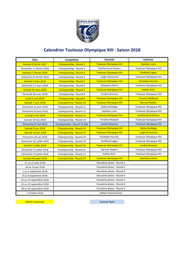 Calendrier Toulouse Olympique XIII - Saison 2018