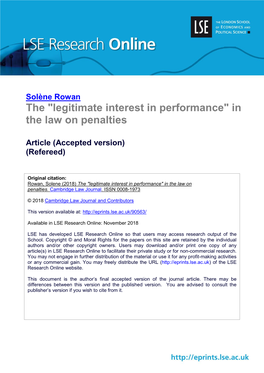 The "Legitimate Interest in Performance" in the Law on Penalties