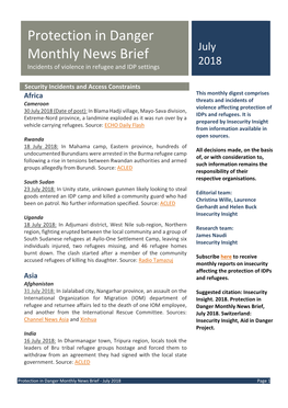 Protection in Danger Monthly News Brief July 2018 Incidents of Violence in Refugee and IDP Settings