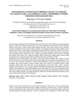 PENGEMBANGAN PENELITIAN PRODUK UNGGULAN DAERAH SULAWESI UTARA YANG BERDAYA SAING MEMPERKUAT POSISI INDONESIA MENGHADAPI MEA Rumengan, I
