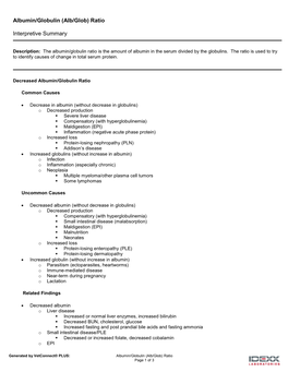 Albumin/Globulin (Alb/Glob) Ratio Interpretive Summary