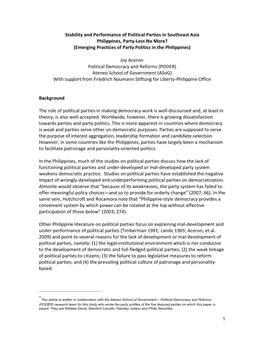 Stability and Performance of Political Parties in Southeast Asia Philippines, Party-Less No More? (Emerging Practices of Party Politics in the Philippines)