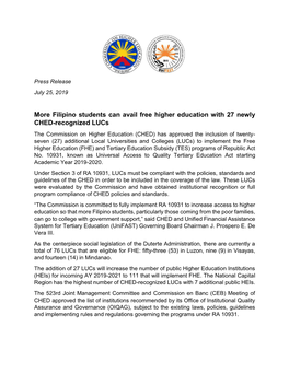 Filipino Students Can Avail Free Higher Education with 27 Newly