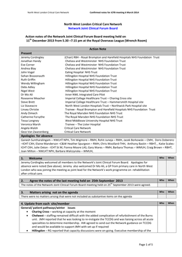 Action Notes of the Network Joint Clinical Forum Board Meeting Held on 11Th December 2013 from 5.30 –7.15 Pm at the Royal Overseas League (Wrench Room)