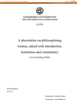 A Dissertation on Philosophising Women, Edited with Introduction, Translation and Commentary Love Forssberg Malm