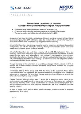 Press Release Airbus Safran Closing JV