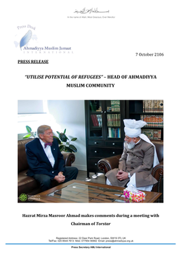 “Utilise Potential of Refugees” – Head of Ahmadiyya