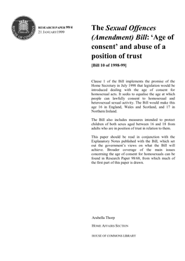 Sexual Offences 21 JANUARY1999 (Amendment) Bill: ‘Age of Consent’ and Abuse of a Position of Trust [Bill 10 of 1998-99]